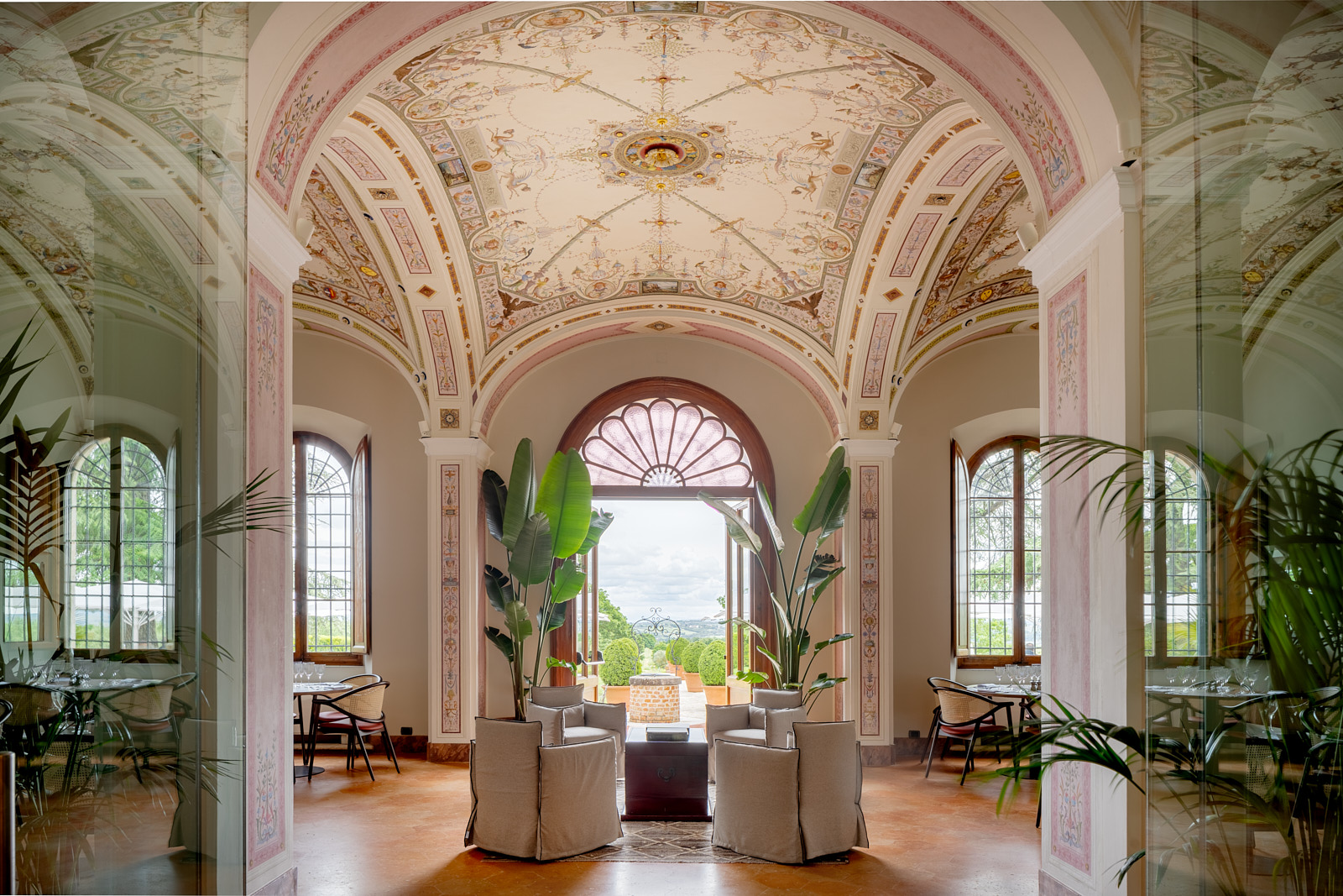 Frescoed grand hall in a historical Tuscan villa