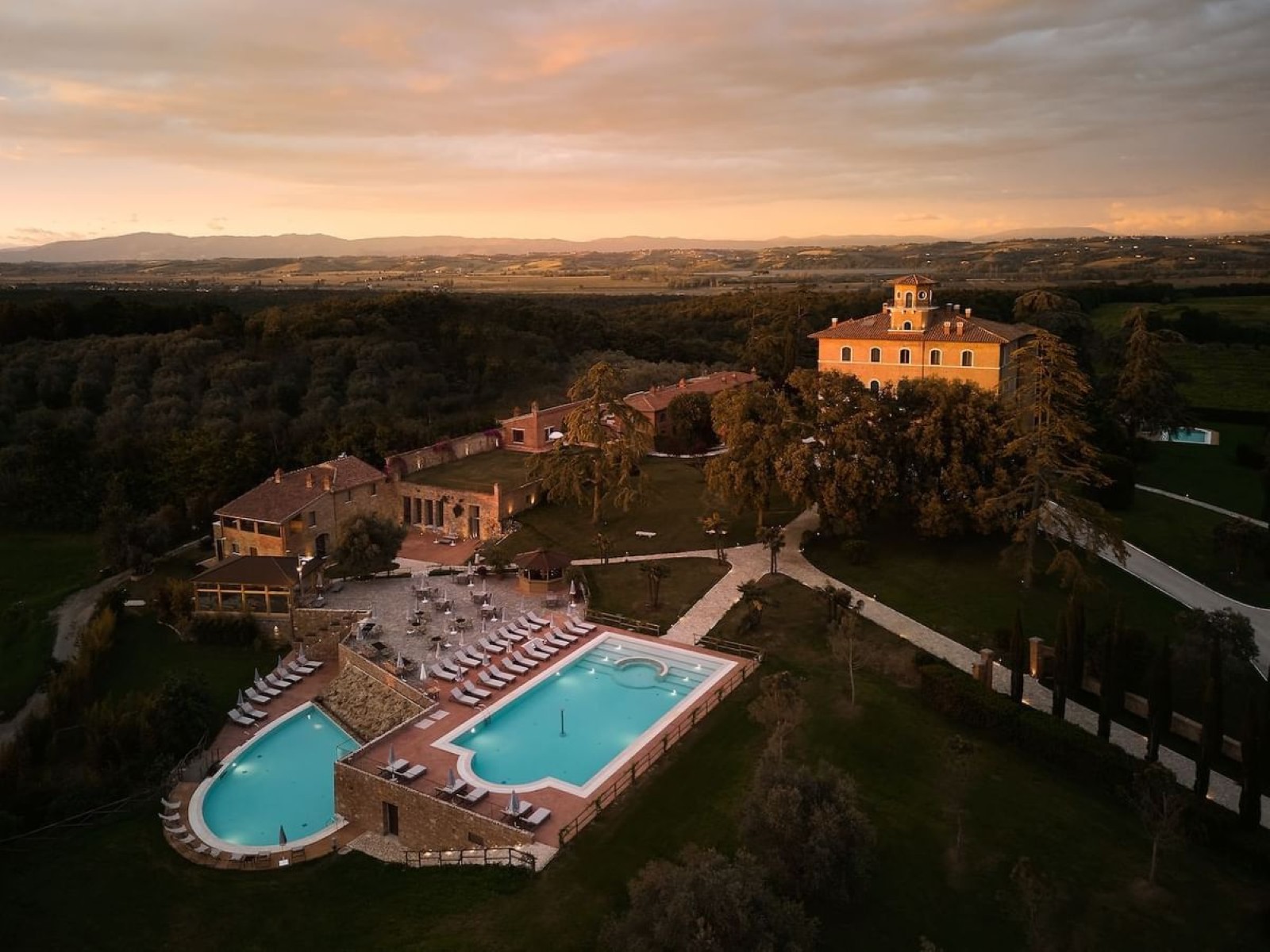 Aerial view of Precise Tale Poggio alla Sala, luxury resort with swimming pool set in the Val d’Orcia countryside near Montepulciano