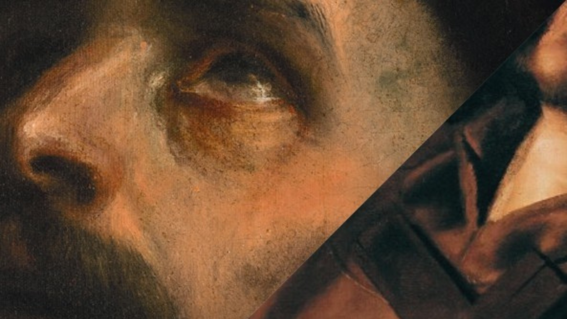 Dettaglio del volto di San Francesco in un dipinto, con lo sguardo rivolto verso il basso e il volto parzialmente in ombra.