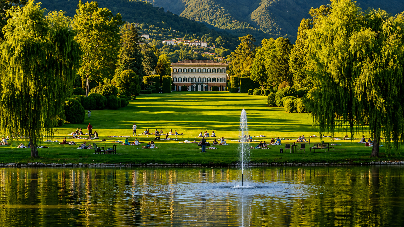Vista panoramica della Villa Reale di Marlia con il grande prato verde, la fontana riflessa nel laghetto e visitatori seduti sull'erba, meta del tour e-bike da Lucca