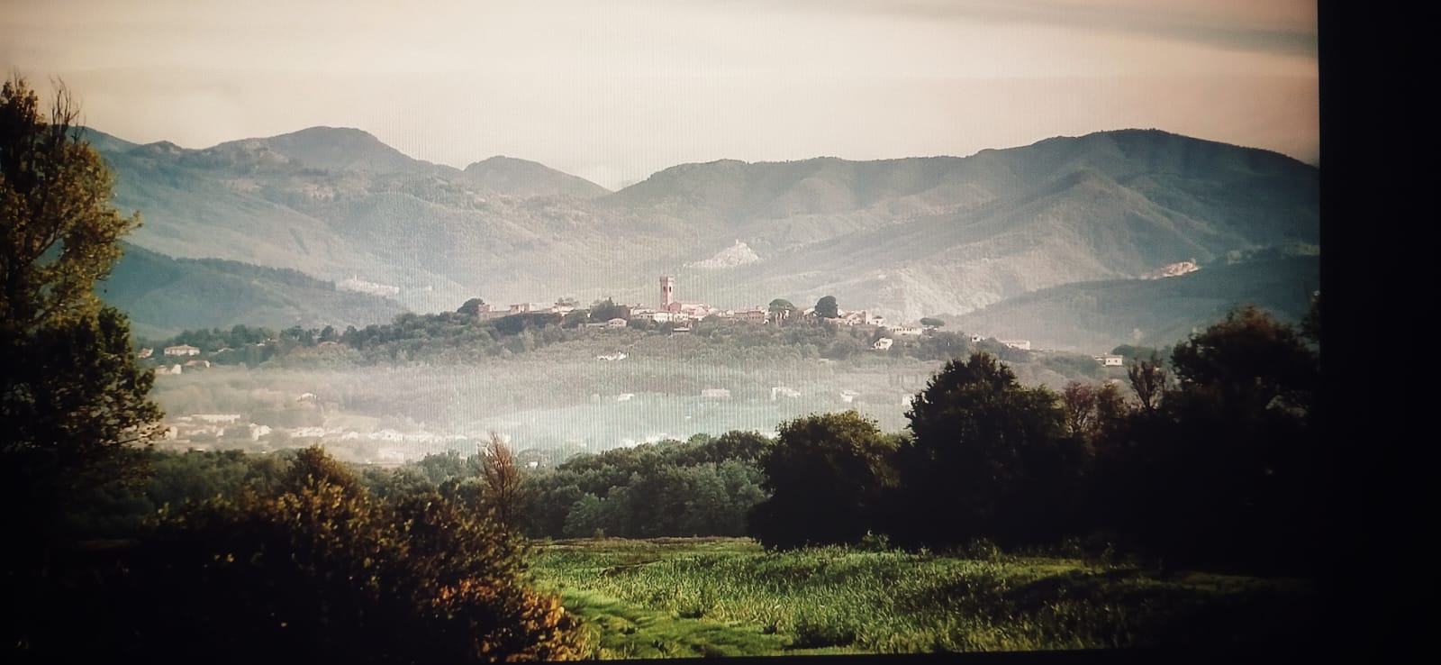 Panorama di Montecarlo di Lucca tra colline toscane, vigneti e montagne sullo sfondo