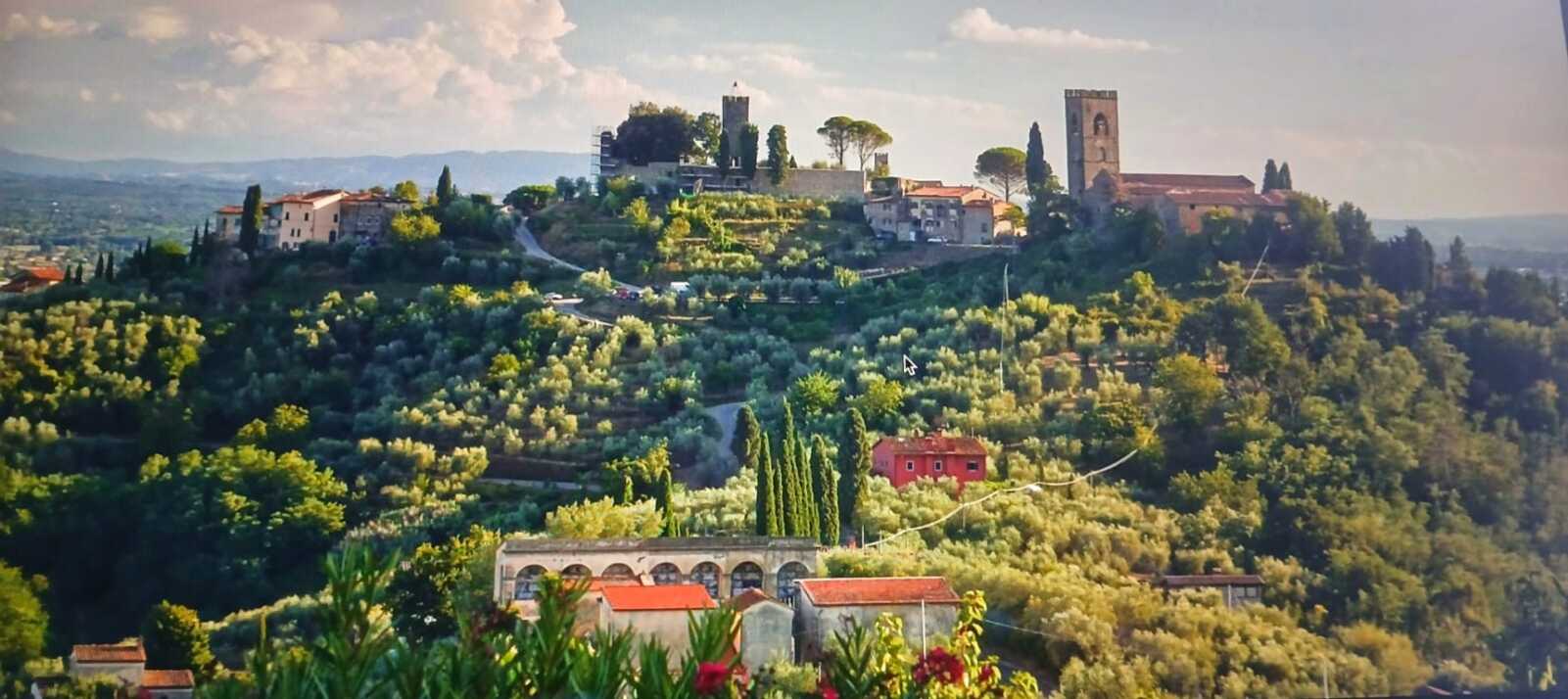 Panorama dei Colli della Valdinievole con borgo medievale su collina, oliveti e vegetazione toscana — escursione guidata a Massa e Cozzile