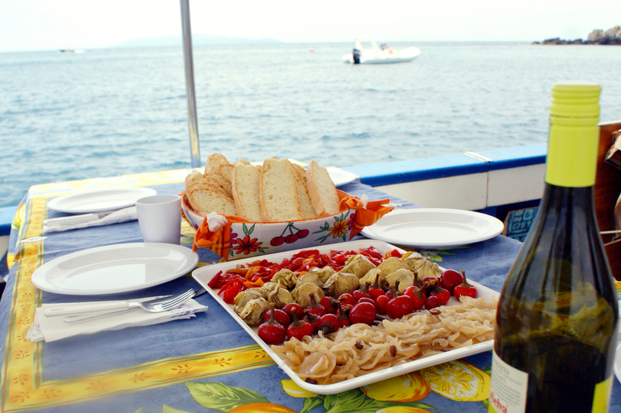 Fish and wine on the boat