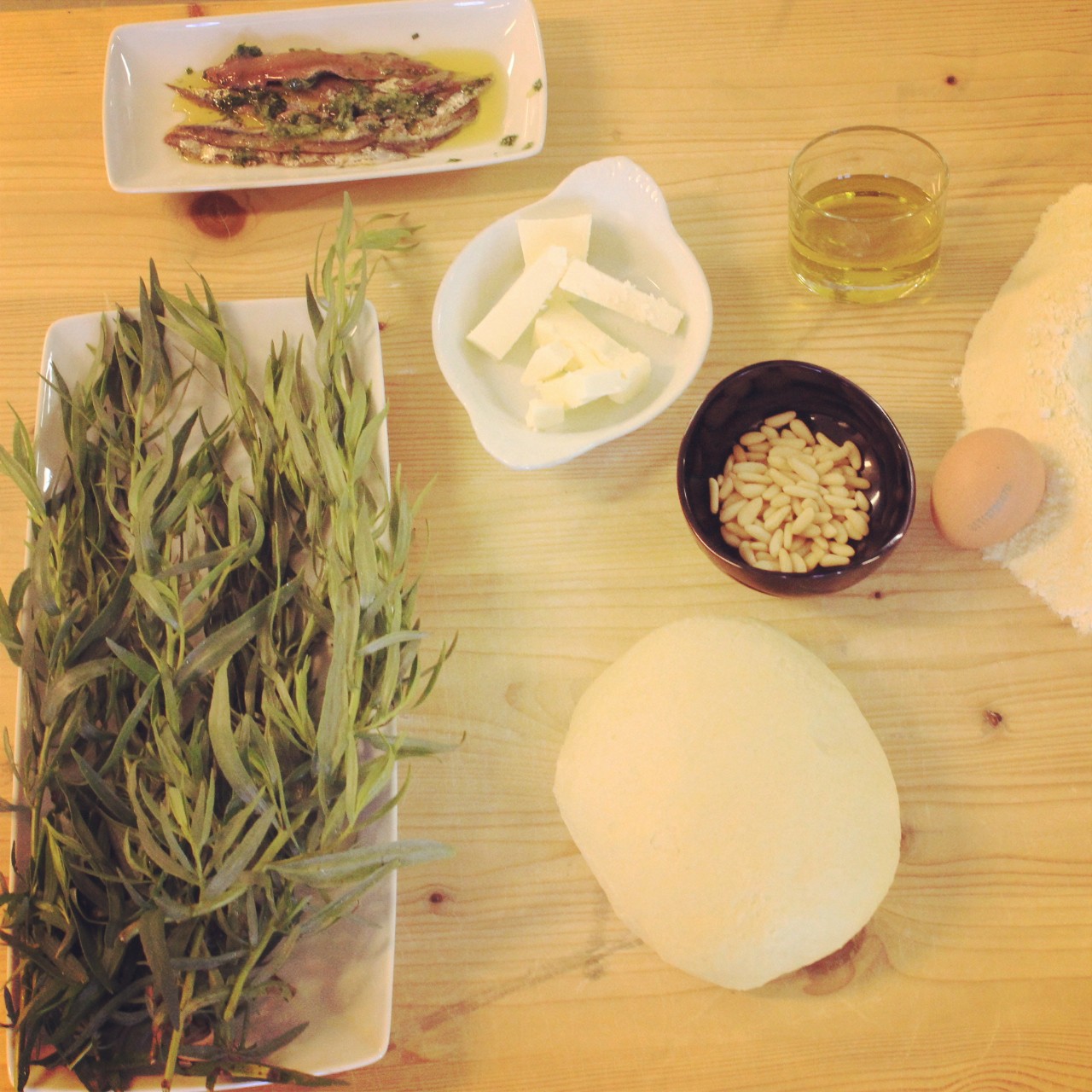 Ingredients for Pici with tarragon pesto, bread crumbs and anchovies