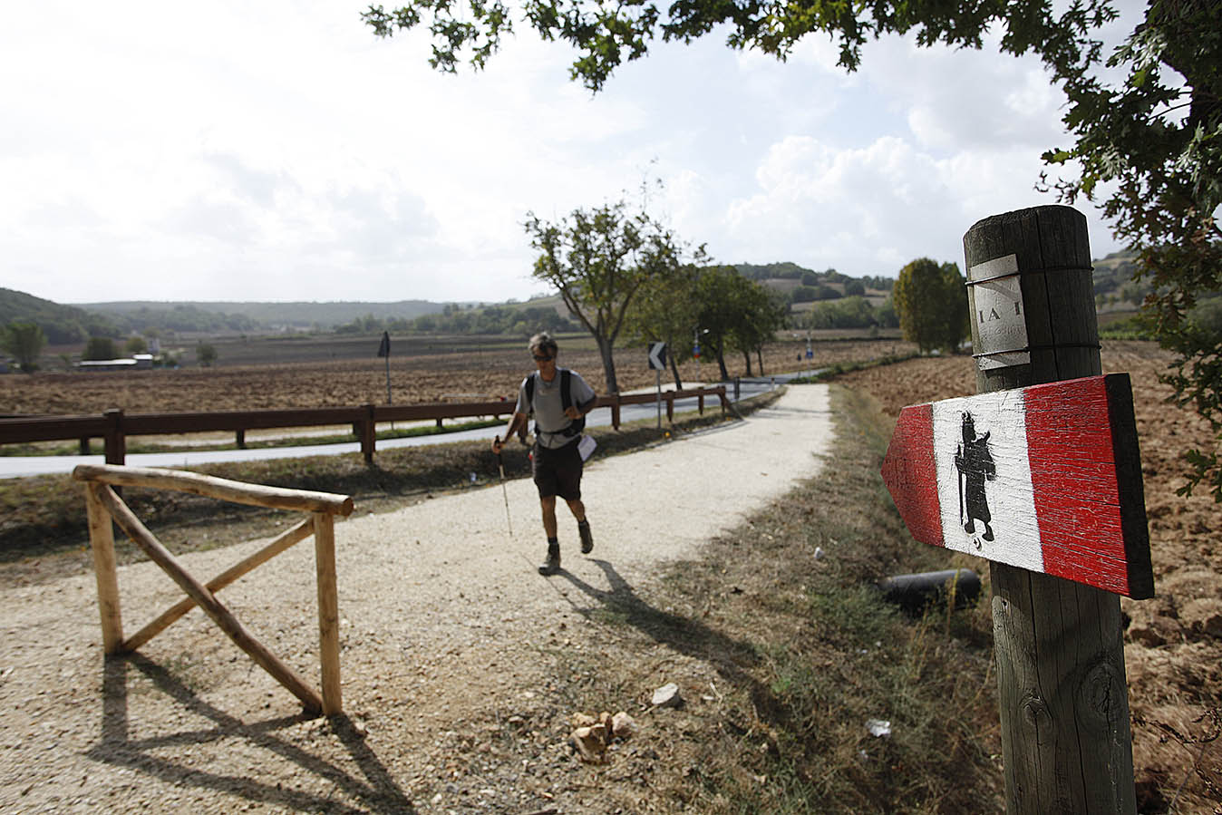 Cartello con il pellegrino lungo la Francigena