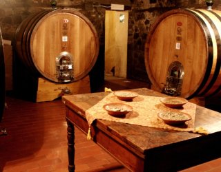 Le botti di vino e la terra del suolo di Montalcino