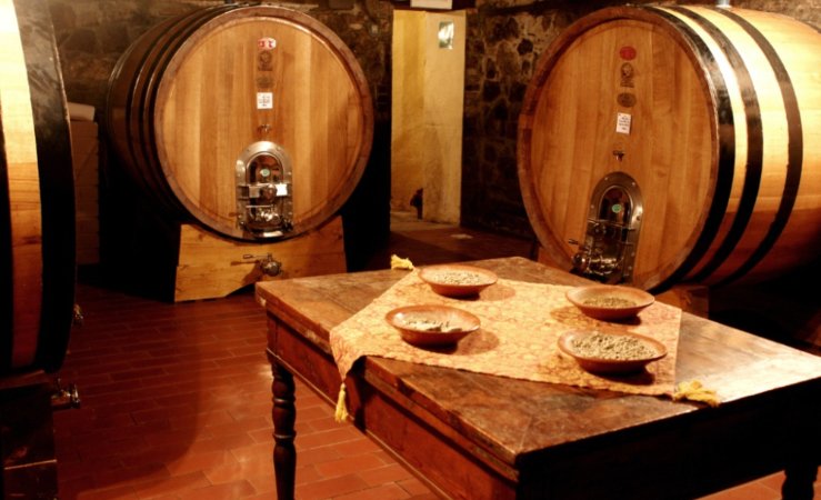 Le botti di vino e la terra del suolo di Montalcino