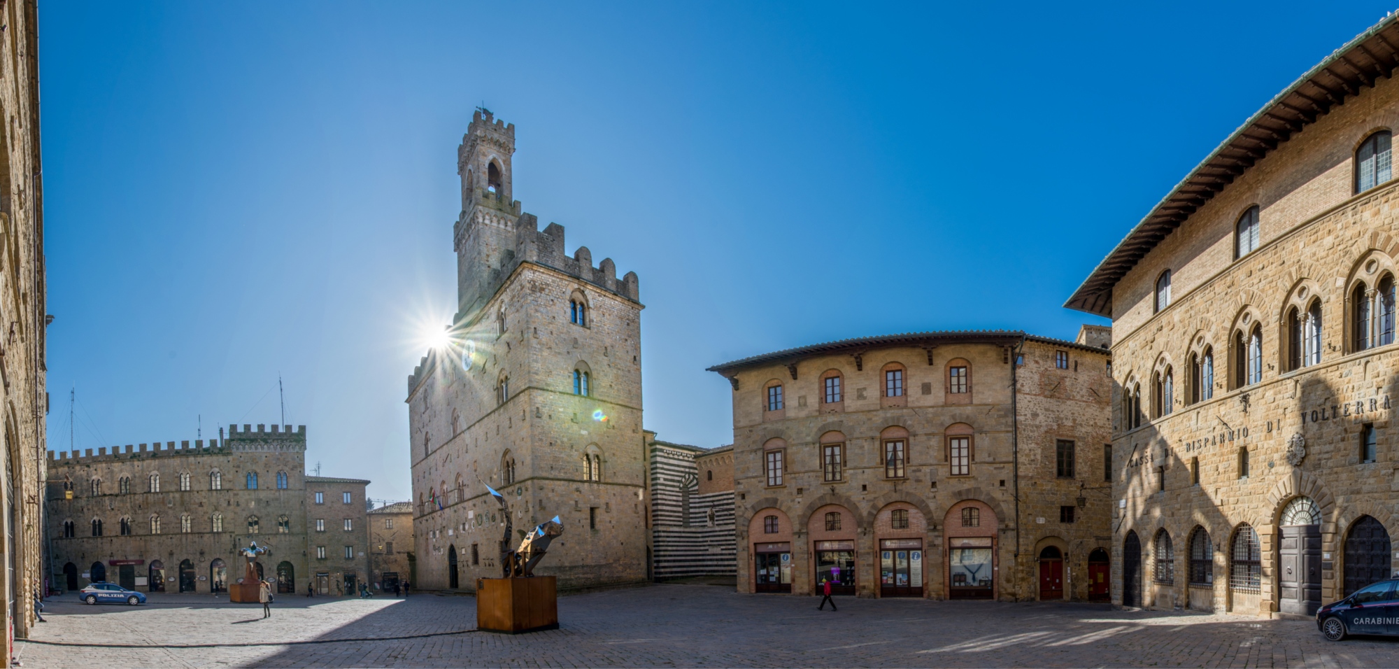 Looking at the Piazza dei Priori in Volterra with a view of the Palazzo dei Priori and Palazzo Pretorio