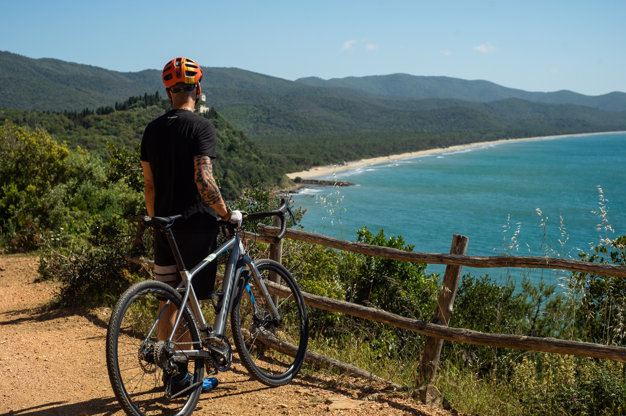 Riders at the Punta Ala Trail Center with a view of the sea