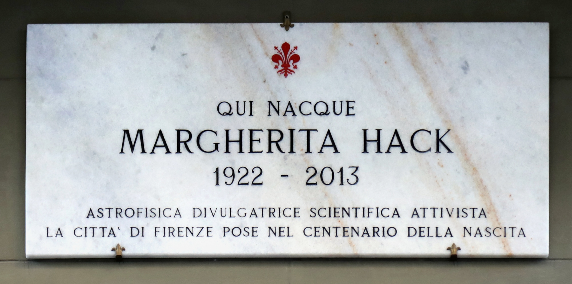 Plaque on the house where Margherita Hack was born